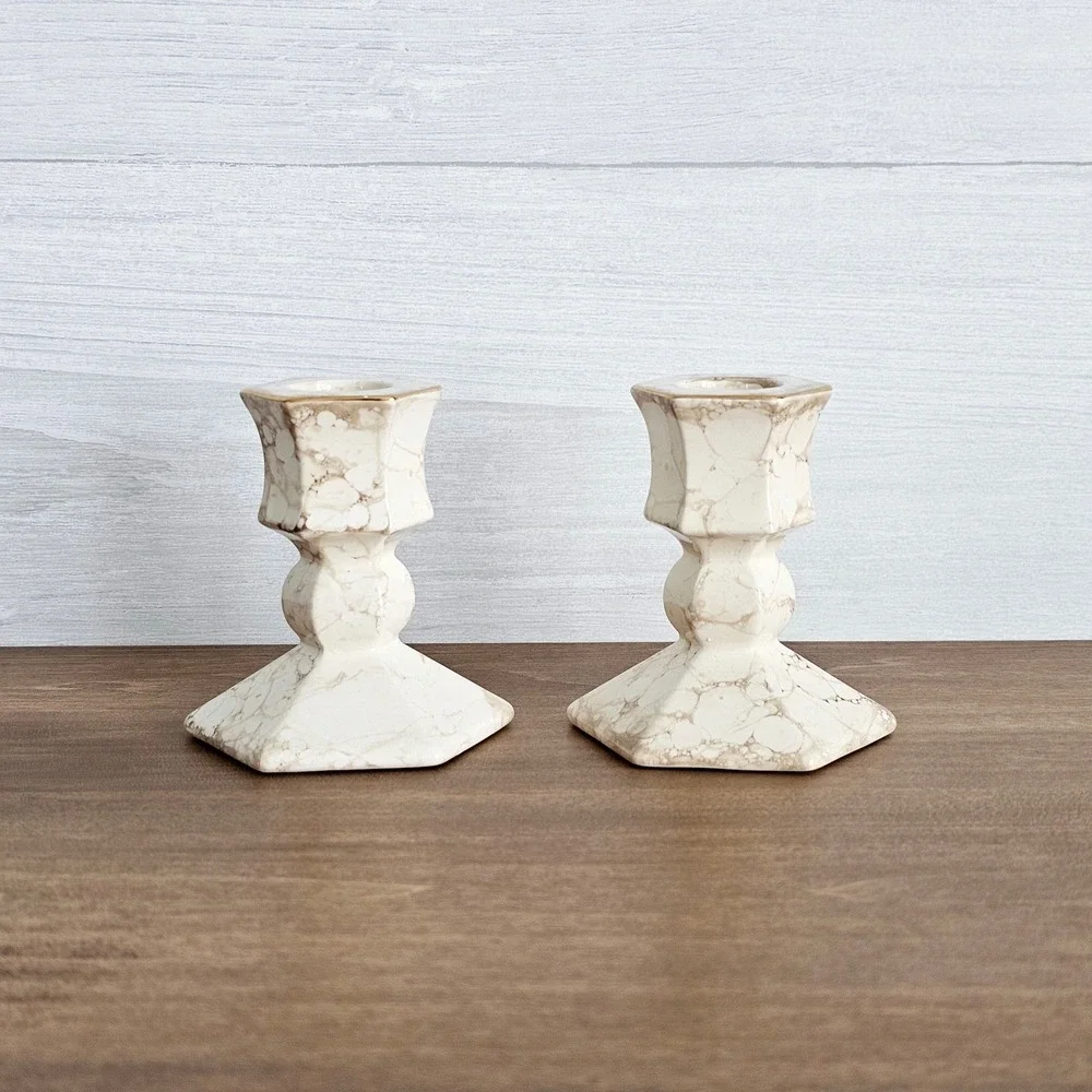 Vintage PartyLite Set of 2 Tan Gold And Beige Marble Look Candlestick Holders